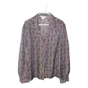 RLM Vintage Blue Red Paisley Print Long Sleeve Button-Up Blouse Shirt